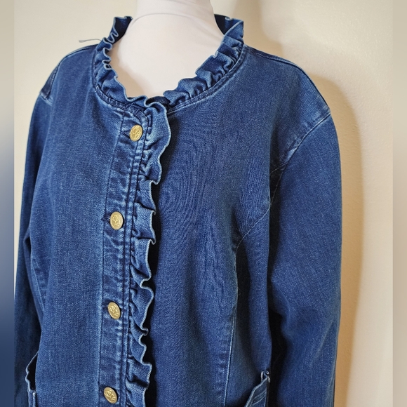 Draper James Blue Jean Jacket Ruffled Floral Buttons Spring Coat Denim - Picture 4 of 15